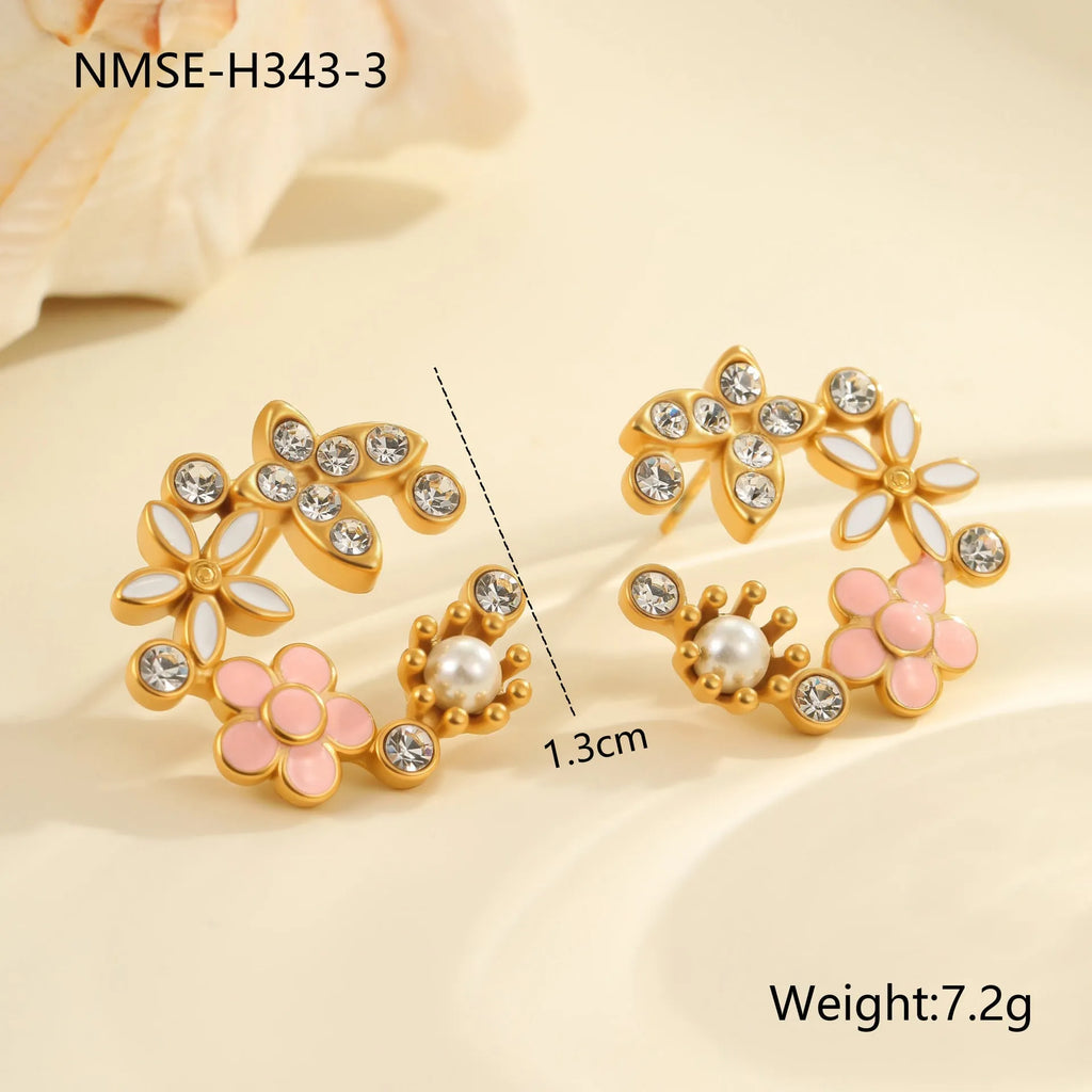 Flower stud earrings with petal design in colourful pattern, stainless steel with 18K gold electroplating