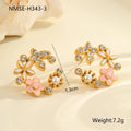 Flower stud earrings with petal design in colourful pattern, stainless steel with 18K gold electroplating
