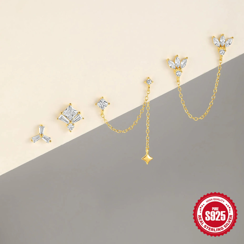 S925 sterling silver double ear piercings stud earrings with zircon inlaid chain in golden geometric designs