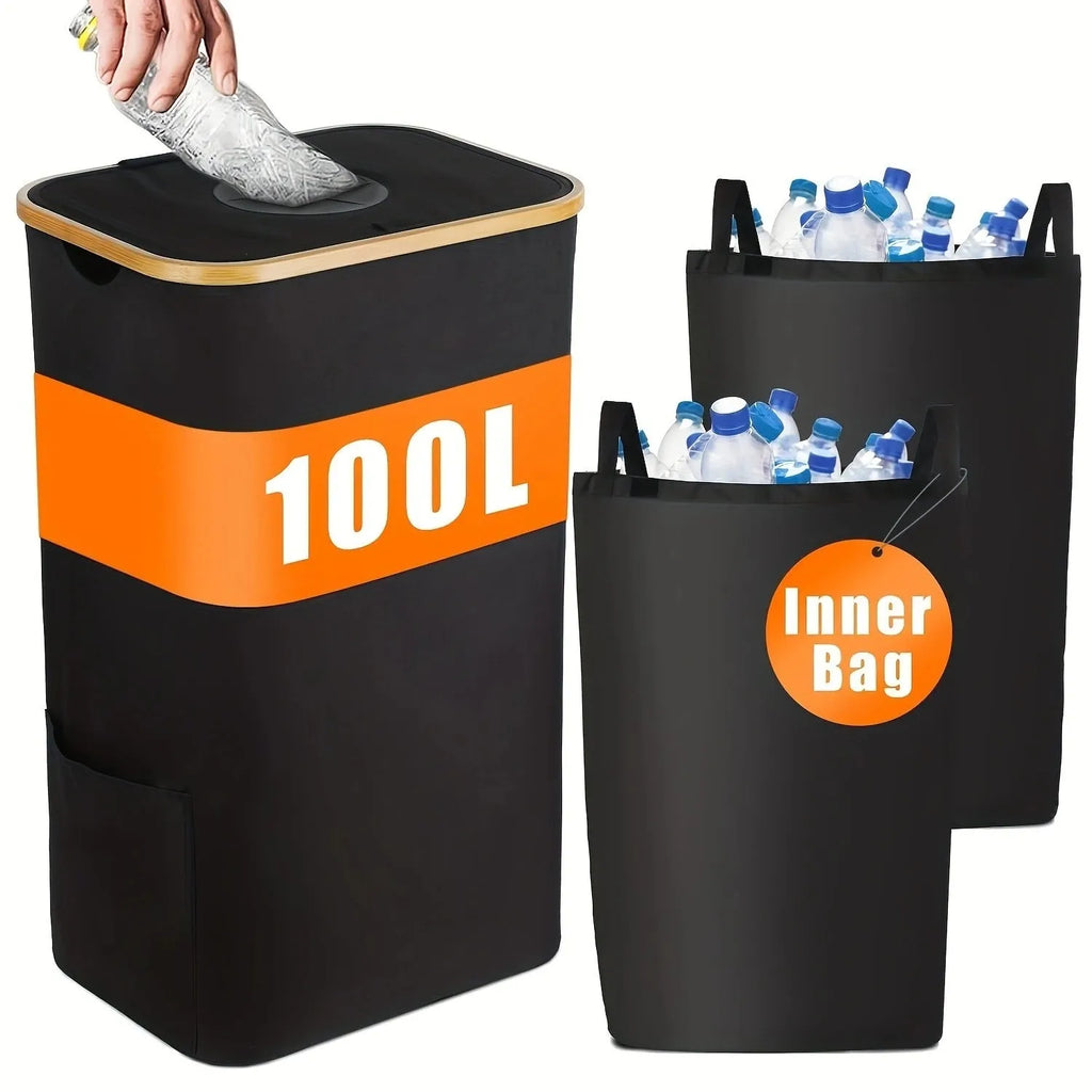 Black bamboo laundry basket with removable storage component and double inner pockets