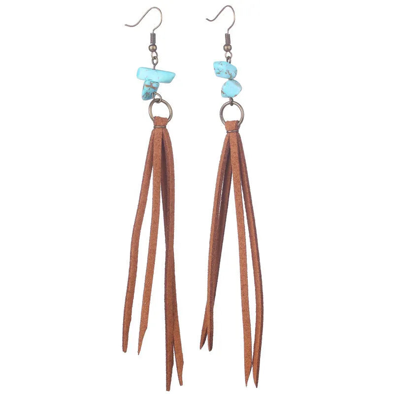 Retro long leather tassel earrings geometric shape women's gift black brown white