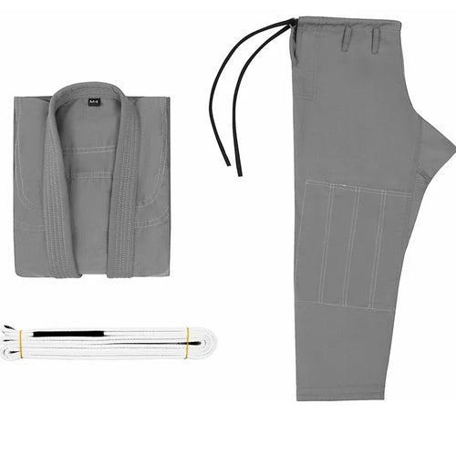 Thin Brazilian Jiu-jitsu gi training uniform in cotton blend fabric showing top and trousers