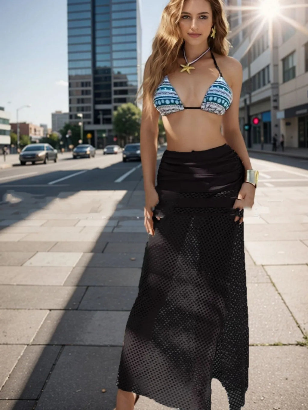 Brown women's three-piece bikini set with a long fishnet skirt on a model.