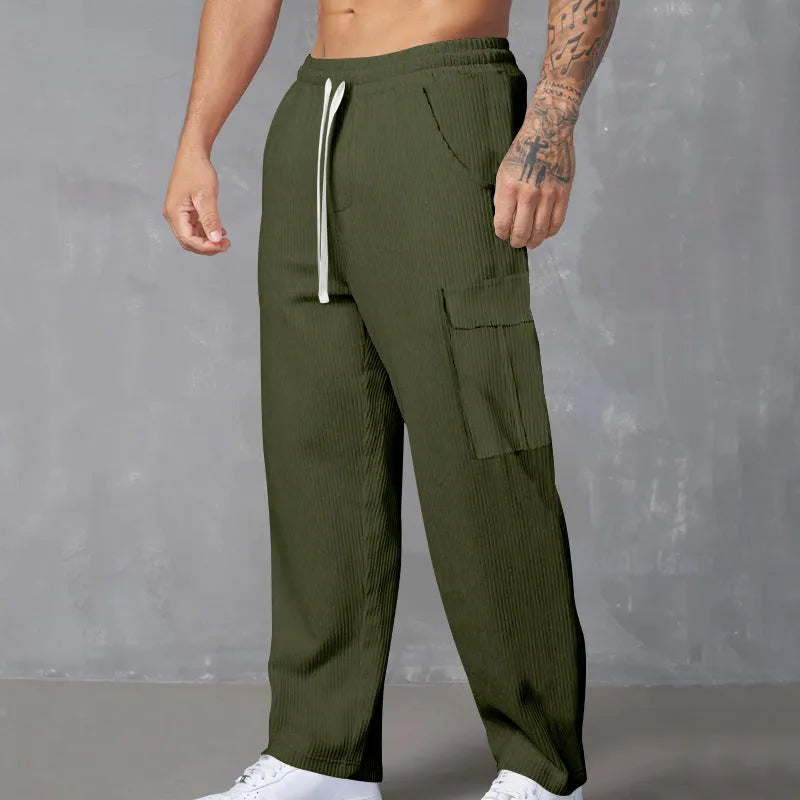 Men's corduroy cargo trousers in straight-leg design with drawstring waist available in multiple colours