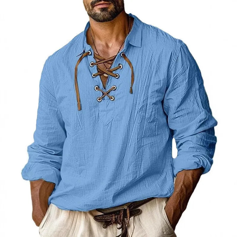Men's plus size loose linen shirt with lapels and lace detailing on long sleeves.