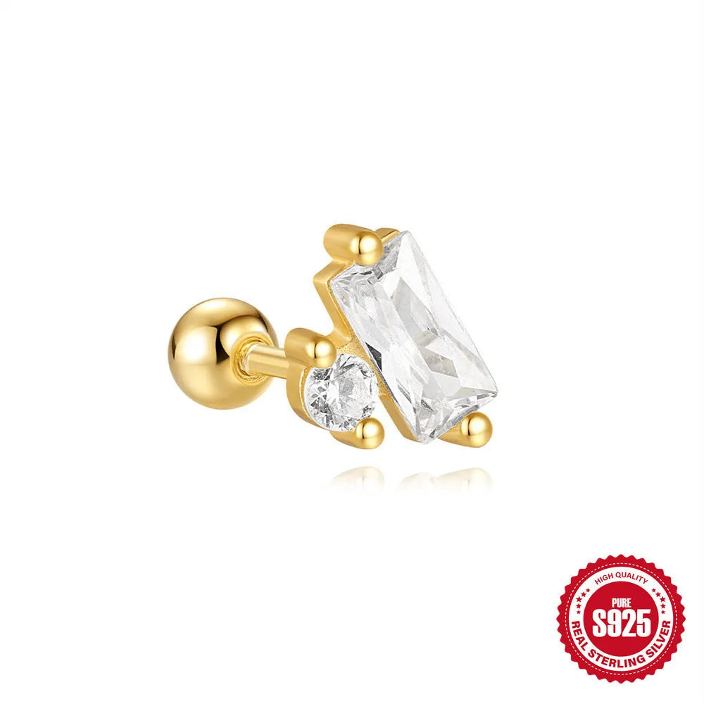 S925 sterling silver stud earrings with red square gravel stones and flower design in gold finish