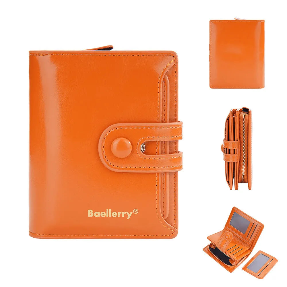 Women's PU leather card holder wallet shown in available colours: black, white, blue, red, green, brown, pink, orange.