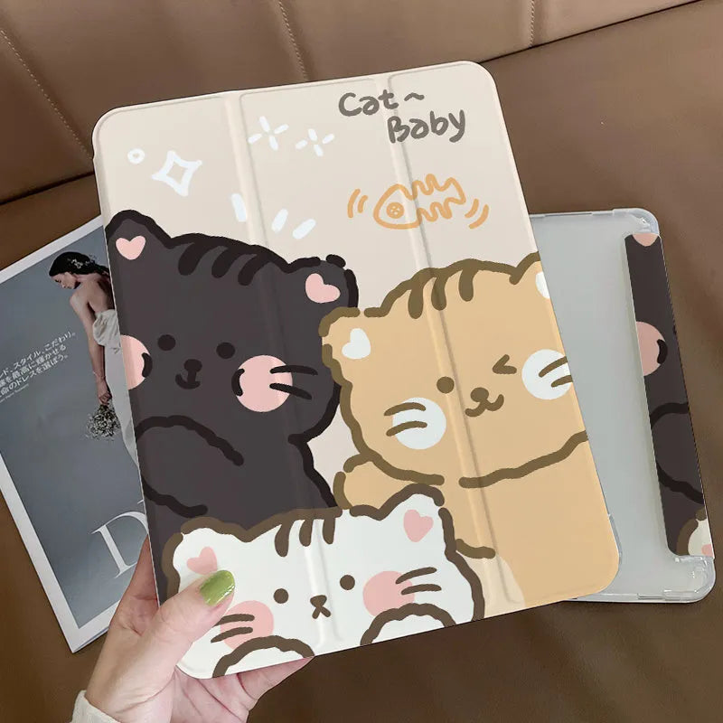 Cartoon style silicone tri-fold protective case for Apple iPad in standing position.