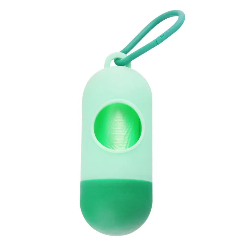 Small square dog waste bag dispenser with a metal side hook, shown in various colours.