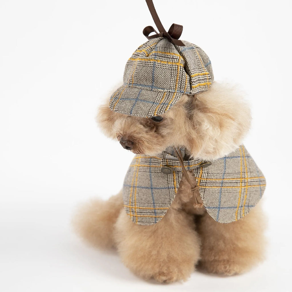 Camel-coloured cotton pet cloak with an adjustable hood, shown on a model dog.