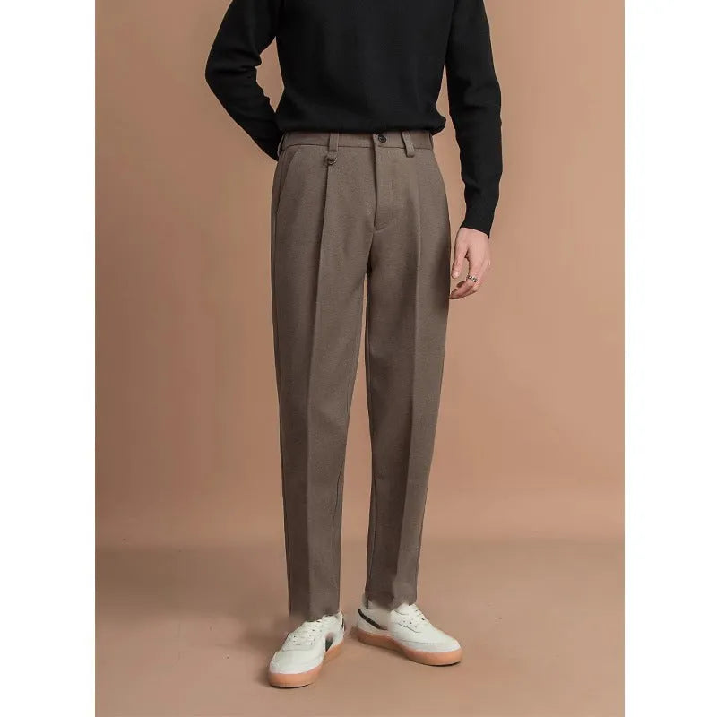 Men's straight-leg business casual trousers in draped style showing four colour options