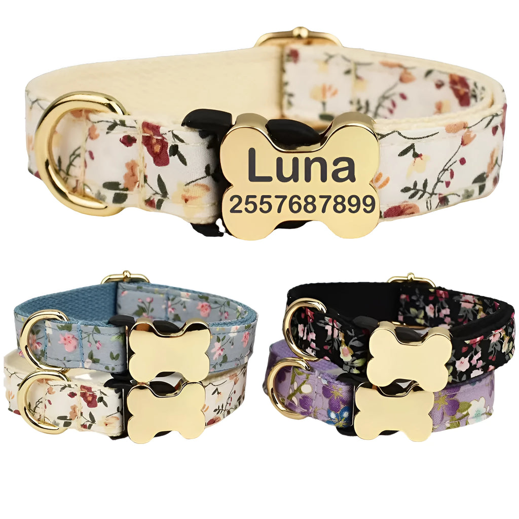 Flat nylon dog collar with printed grid pattern and plastic bone buckle in multiple colour options