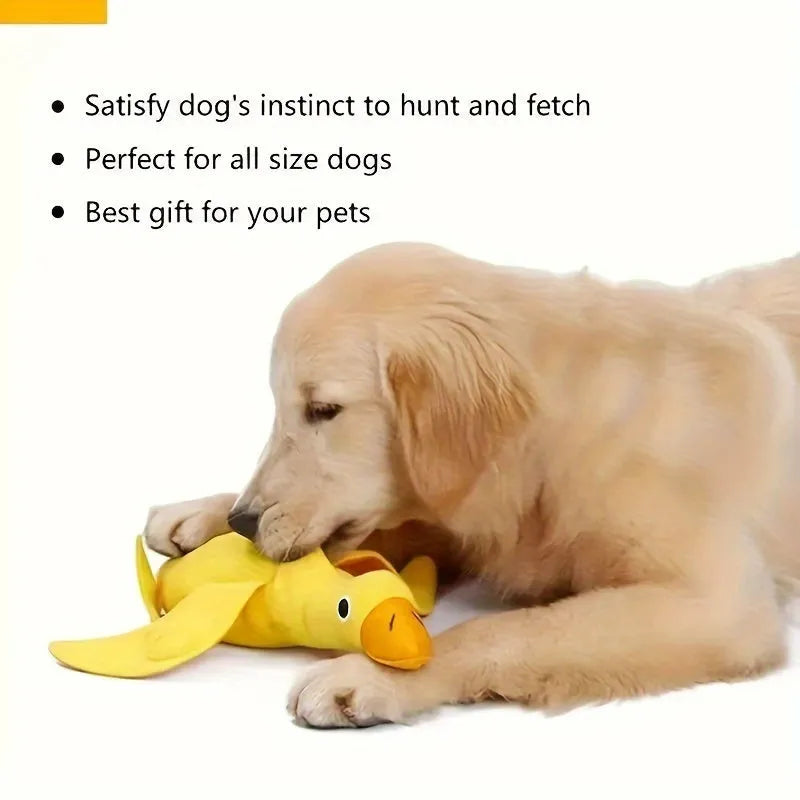 Yellow teddy pet toy with attached duck doll and built-in dog sound mechanism