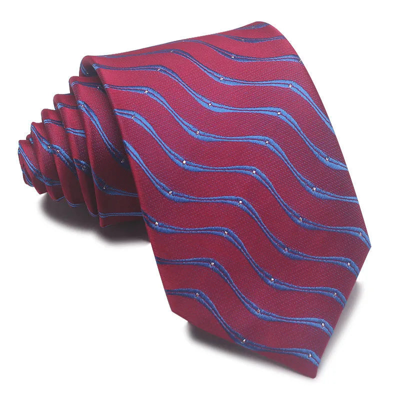 Men's red and black striped polyester jacquard tie with an arrow shape laid flat