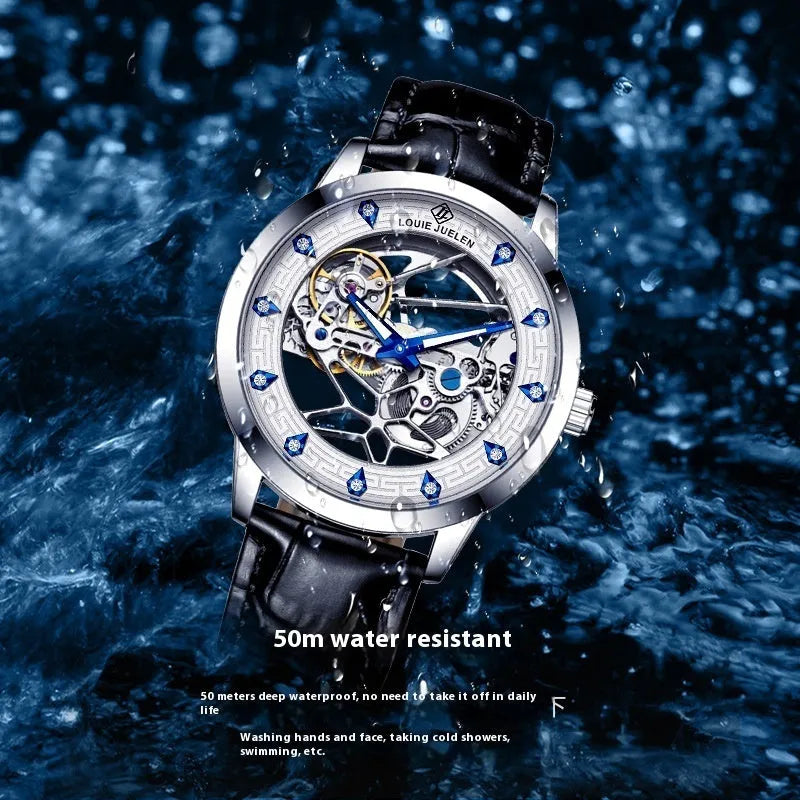 Men's silver stainless steel mechanical watch with luminous hands, black leather strap and waterproof design