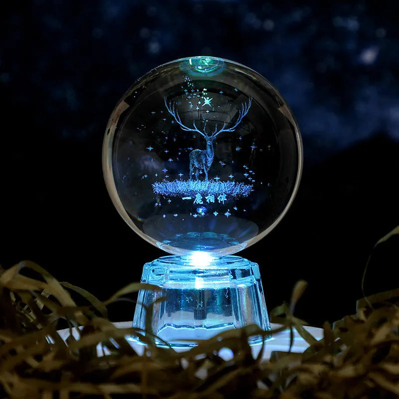 White crystal ball ornament with inner carving on fixed base for tabletop display