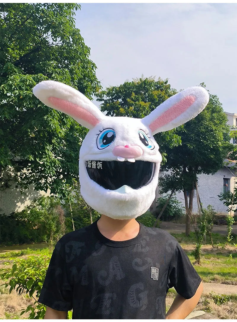White rabbit head helmet cover for electric motorcycles with plush needle detailing