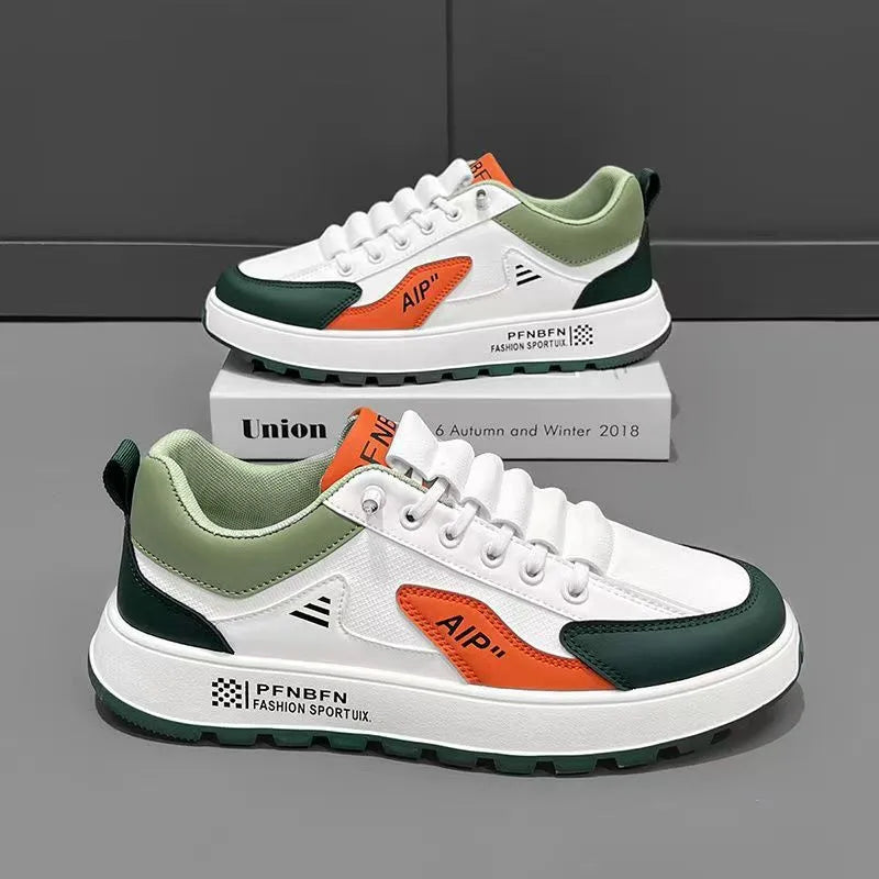 Men's white and black casual sports shoes with a round toe and PU upper.