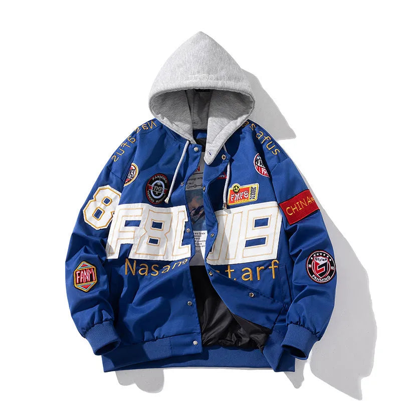 Black motorcycle baseball uniform jacket with removable hood shown in loose fit sizing