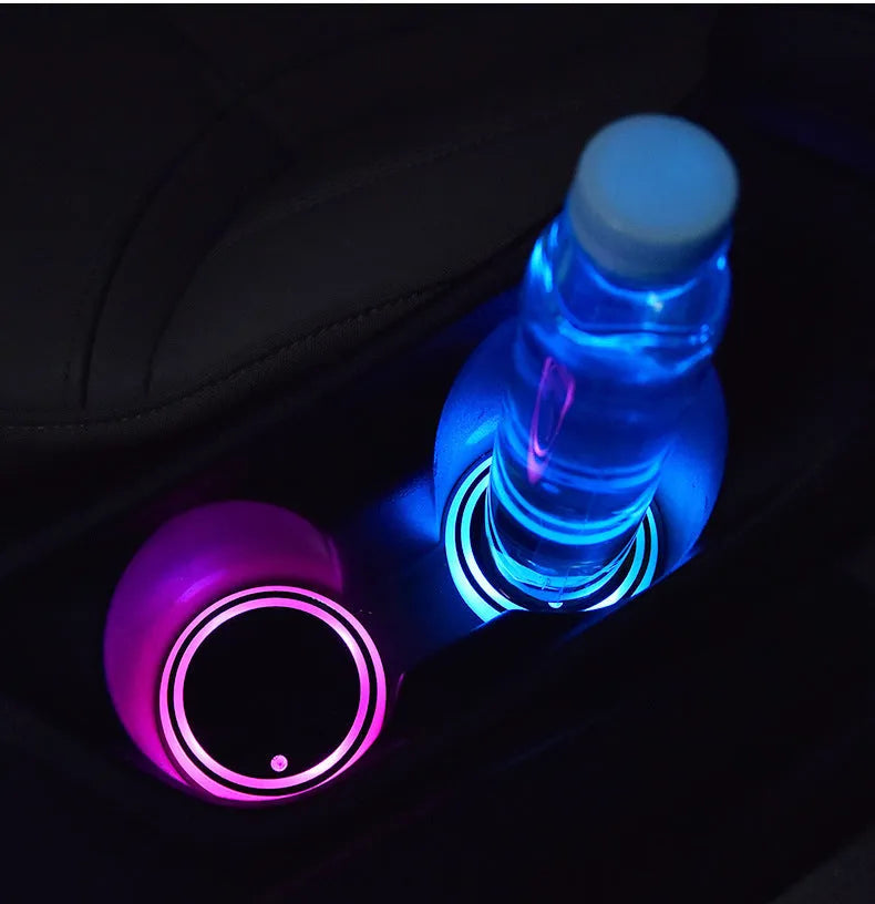 Colourful LED light-up acrylic coaster for car cup holders with control button and USB cable