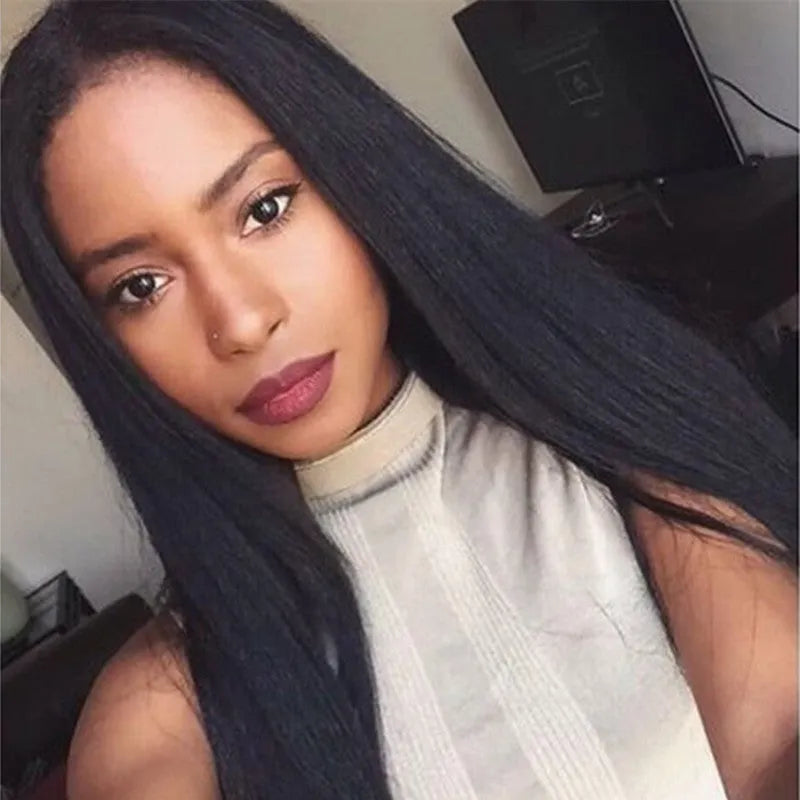 Black long straight wig with centre-parted bangs made from high-temperature fibre