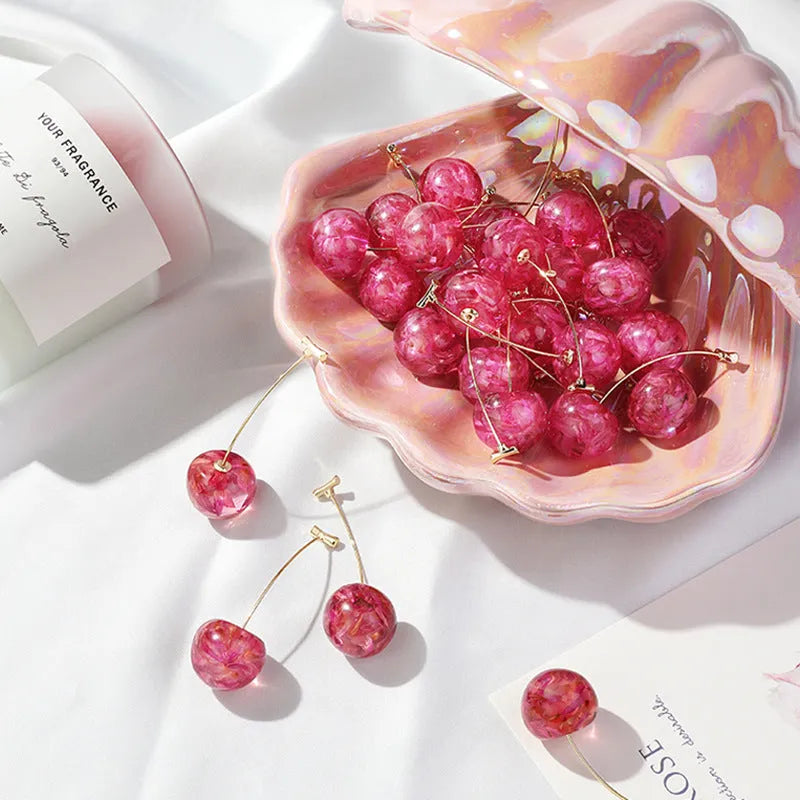 Red alloy cherry earrings with a long sweet fashionable drop design for women