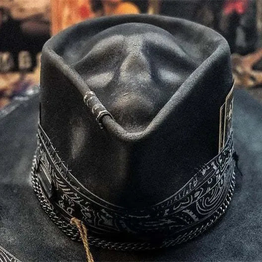 Handmade wool skull hat with conical crown design for Halloween and costume wear