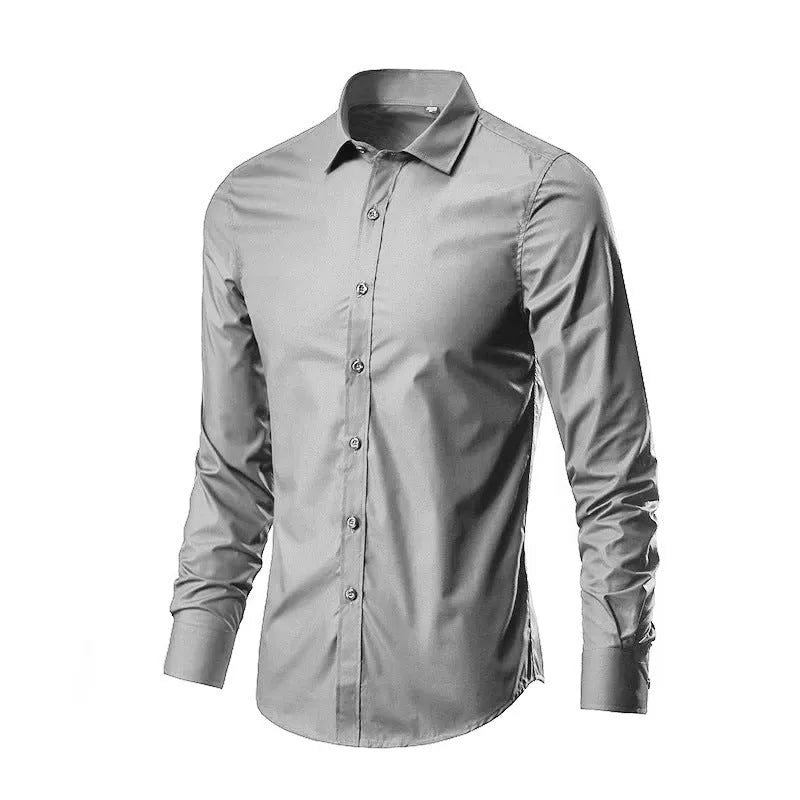 Man wearing a linen long sleeve slim fit shirt in a choice of 18 colours, showing the relaxed fit and sleeve detail.