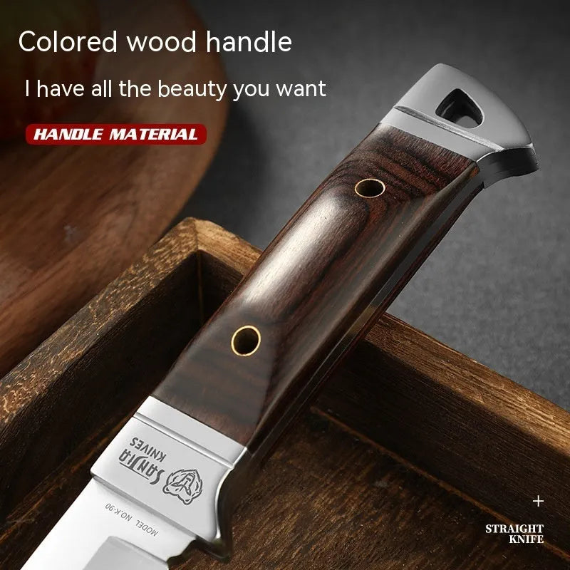 Camping multifunctional portable fruit knife with stainless steel blade and leather case