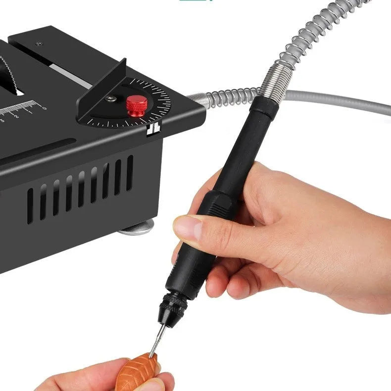 Lithium ion micro household desktop saw with metal construction showing multiple cutting angles