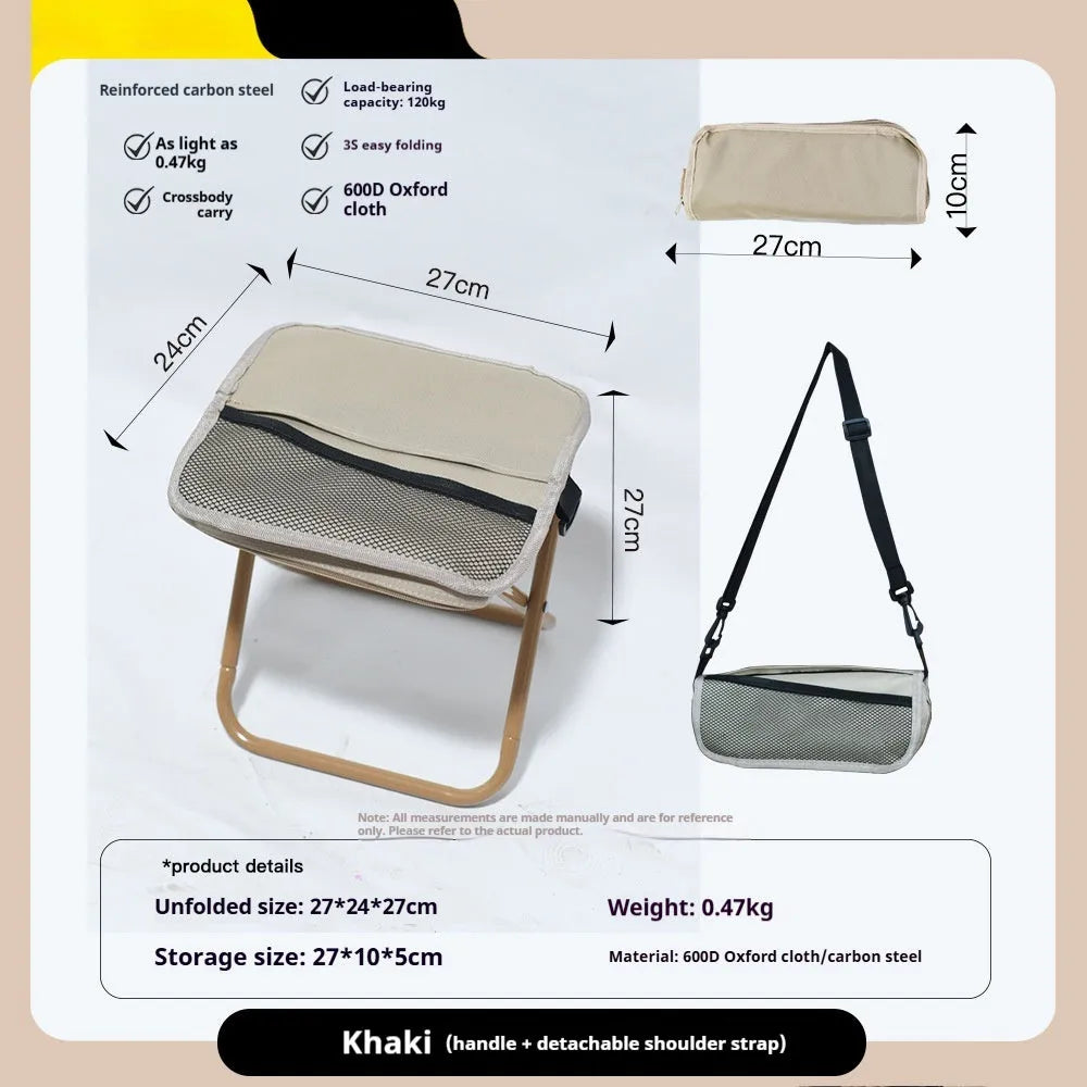 Lightweight foldable camp stool in Oxford cloth, shown in a khaki colour, folded for carrying.