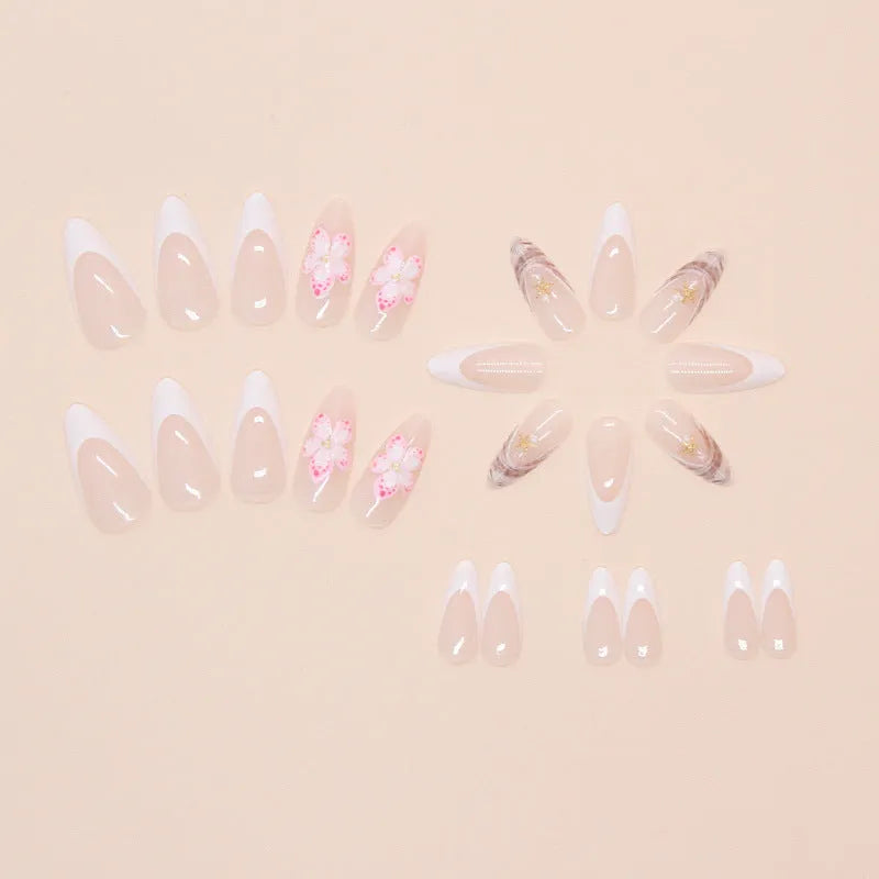 Plastic French style fake nails with rock pattern and removable flower patches, colour W1764 Simple Flowers.