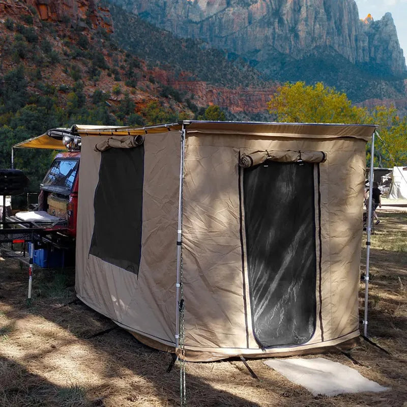 Single layer rainproof camping tent with aluminium poles shown in a size option, with optional side fabric.