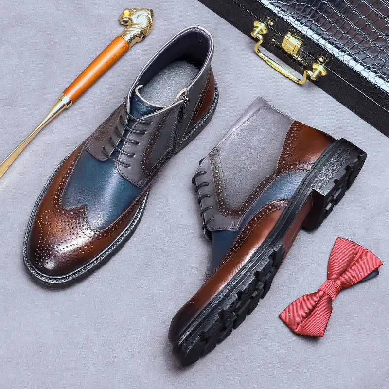 Men's coffee blue leather brogue boots with colour-blocking design and low square heel