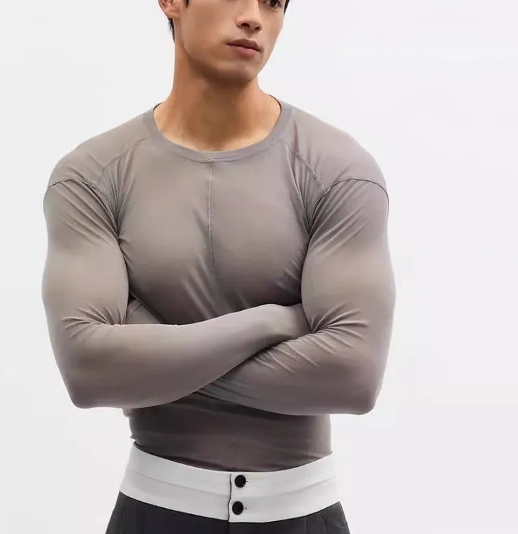 Black slim-fit long sleeve PU pullover with a see-through mesh texture on a model.