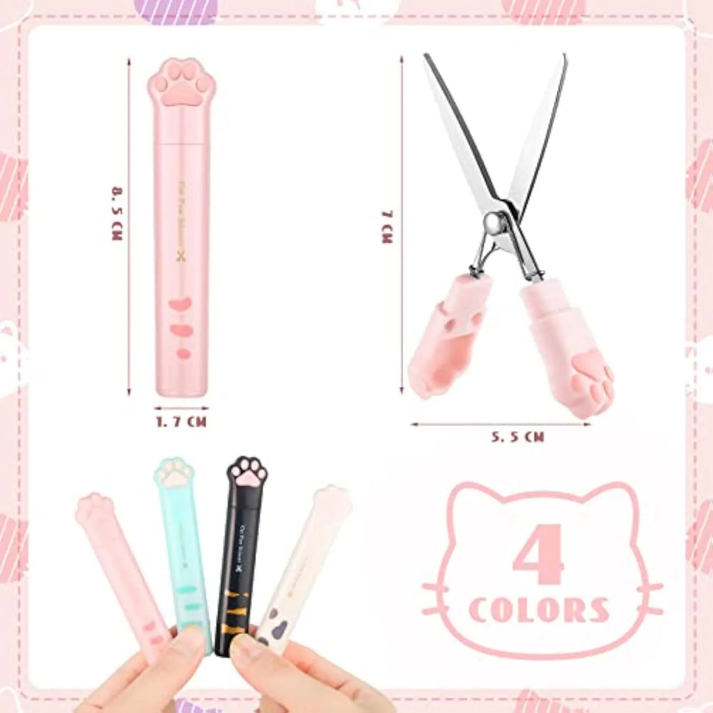 Cat paw mini folding scissors showing stainless steel blades and four colour options: pink, white, black, and blue