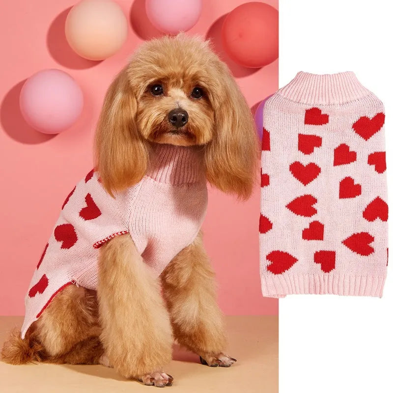 Dog wearing acrylic jumper with love heart and bow designs in red and pink colour patterns