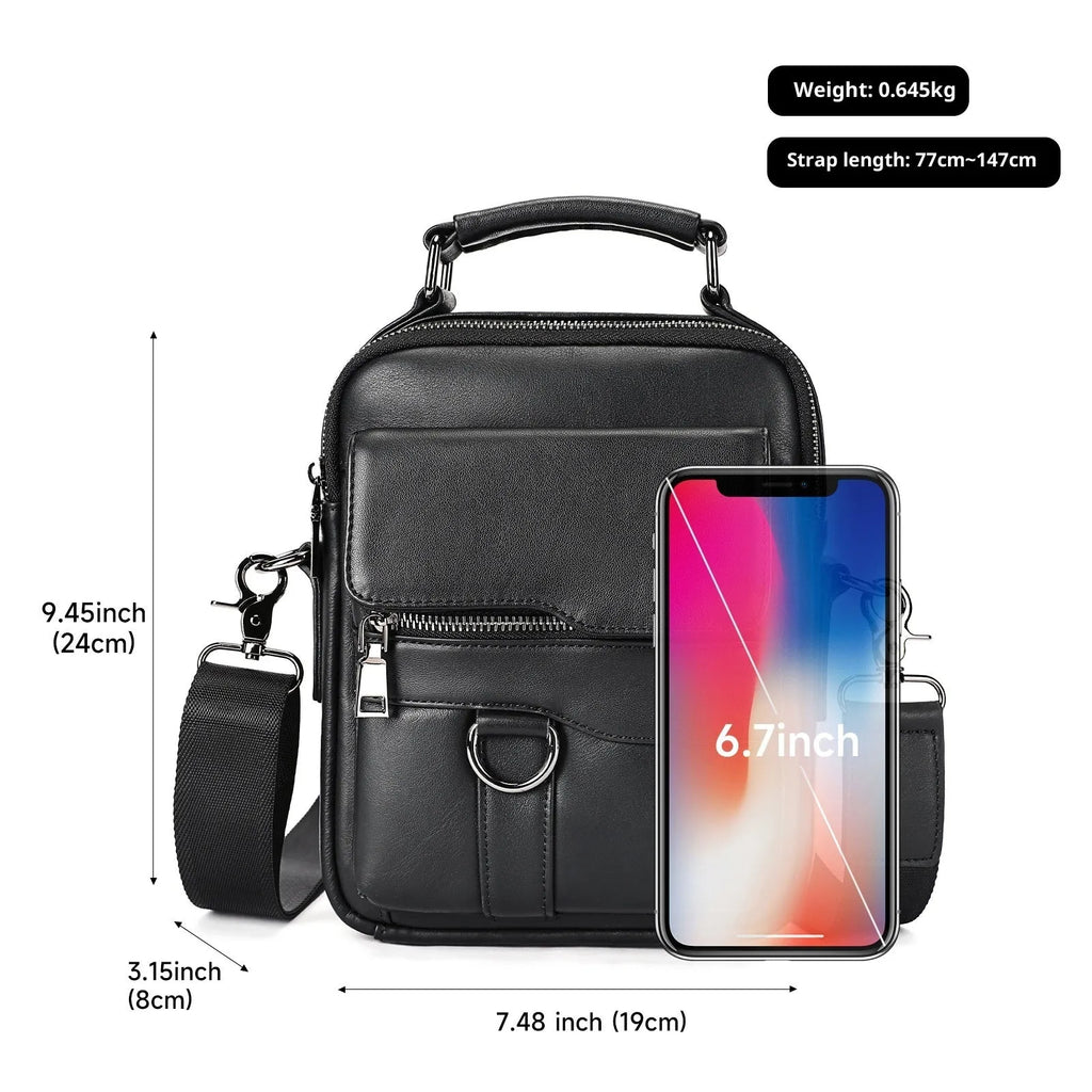 Black genuine first layer cowhide leather messenger bag measuring 19x8x24cm with slung strap