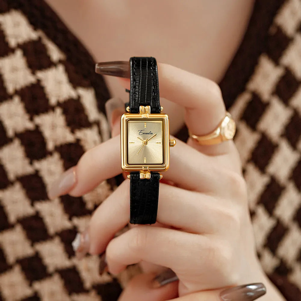 Women's retro small square watch with black leather strap and gold frame, 8mm thickness