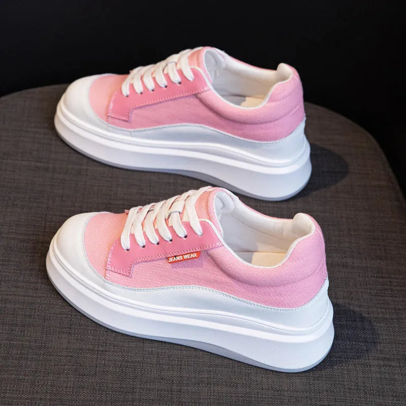 Women's beige and pink cowhide leather casual shoes with thick soles for height increase.