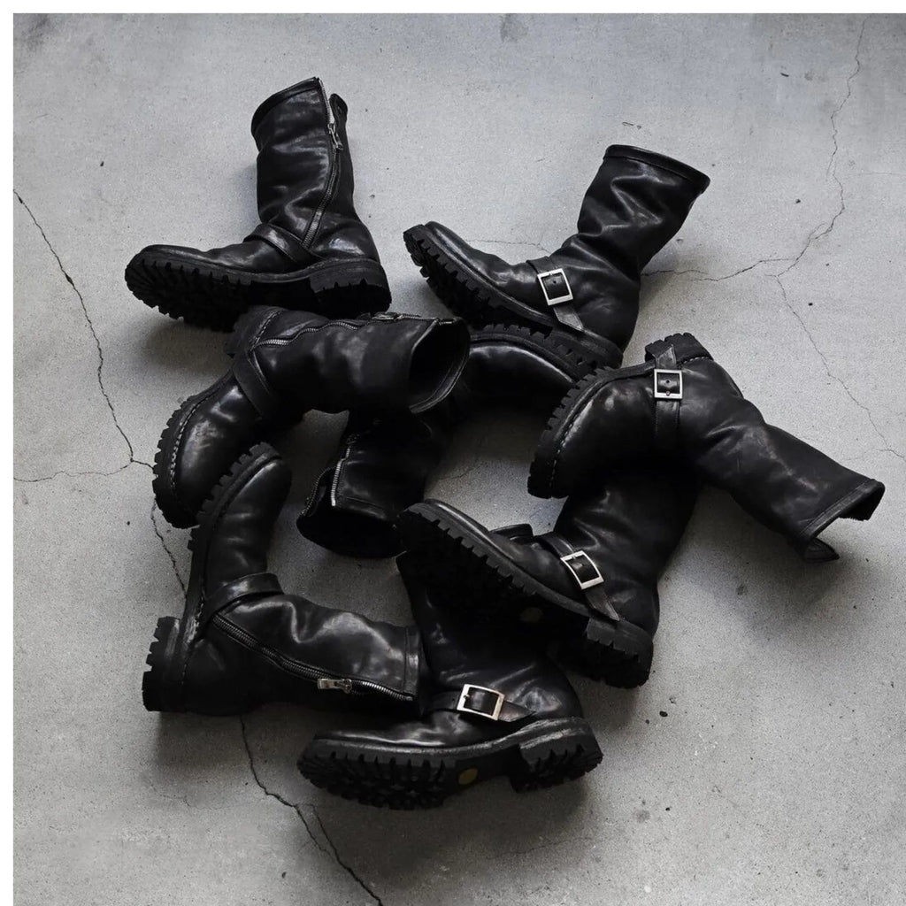 Men's dark retro Martin boots with side zip closure and round toe in black microfiber or genuine leather