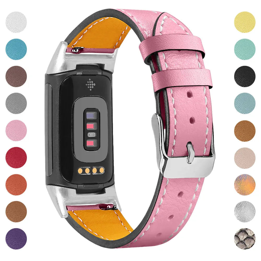 Genuine cowhide leather strap for Fitbit Charge 5 and Charge 6 smartwatch in multiple colour options.