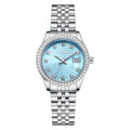 Women's silver alloy fashion watch with circular dial and stainless steel buckle on wrist.