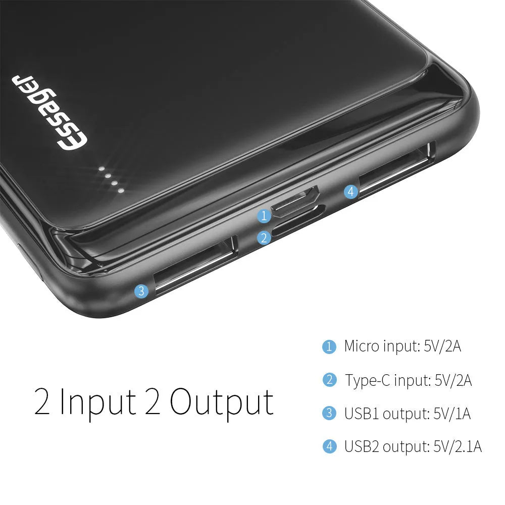 Essager Small Jane black and white 10000mAh portable power bank with two USB ports