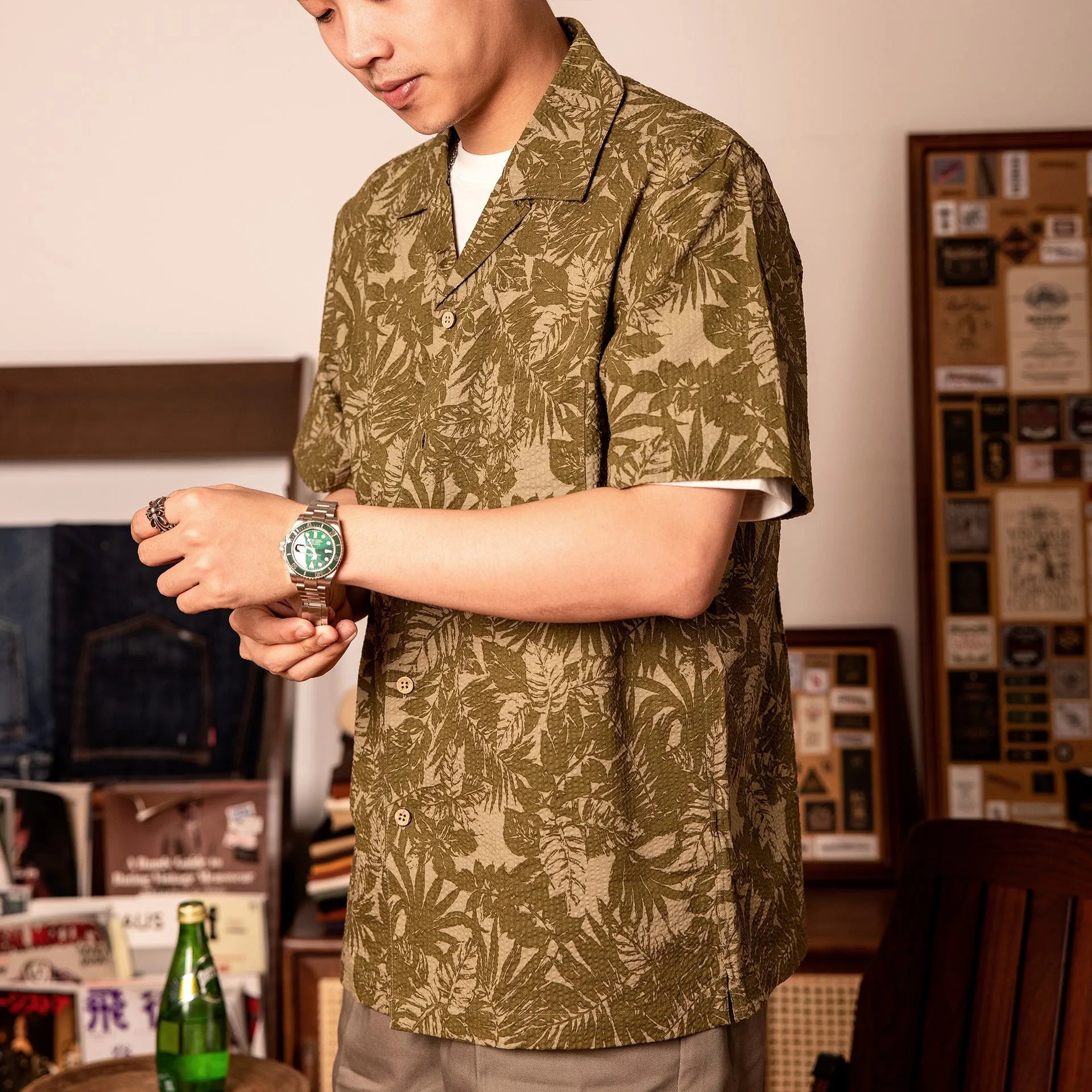 Vintage floral print seersucker shirt with Cuban collar in loose cardigan style