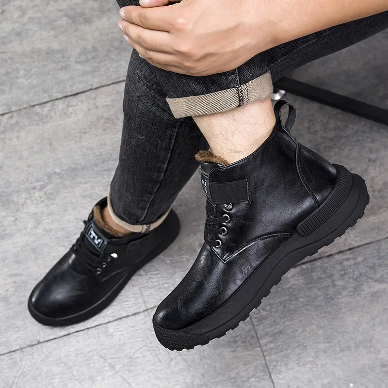 Black and brown platform Martin boots with high-top design and rubber sole
