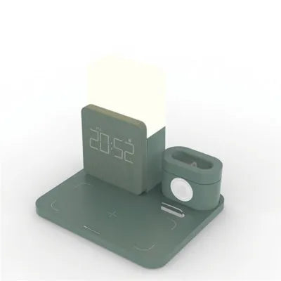 3-in-1 Qi wireless charging stand showing phone, smart watch and earbuds charging simultaneously