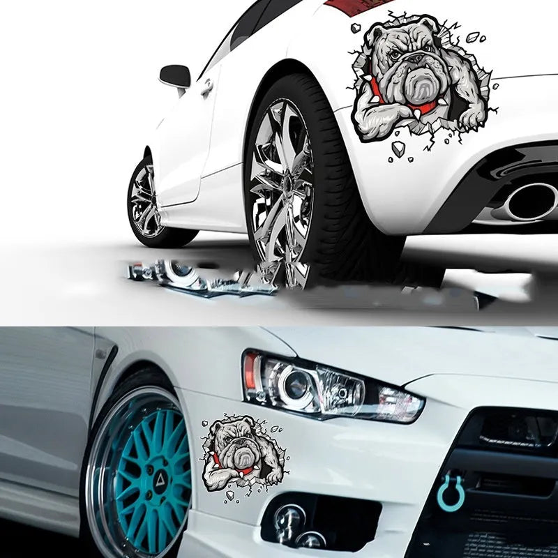 Grey dog design motorcycle decorative sticker with 17cm measurements and customisable size options