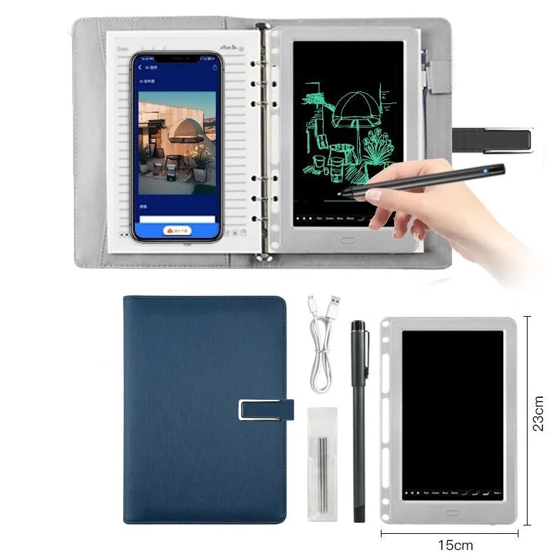 85-inch electronic writing pad with stitching detail, shown in dark blue with a smart pen.