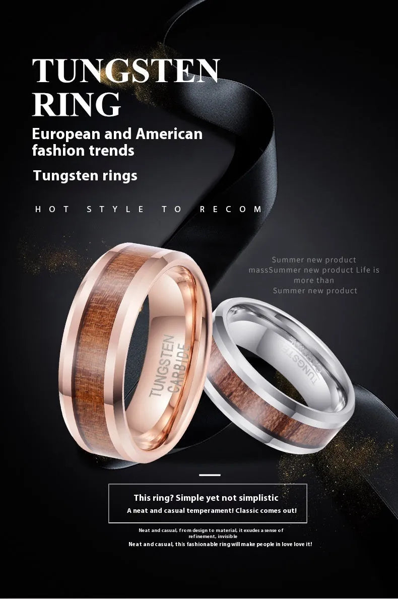 Men's tungsten ring with wood and leather Ugyen design on an 8mm rose gold band